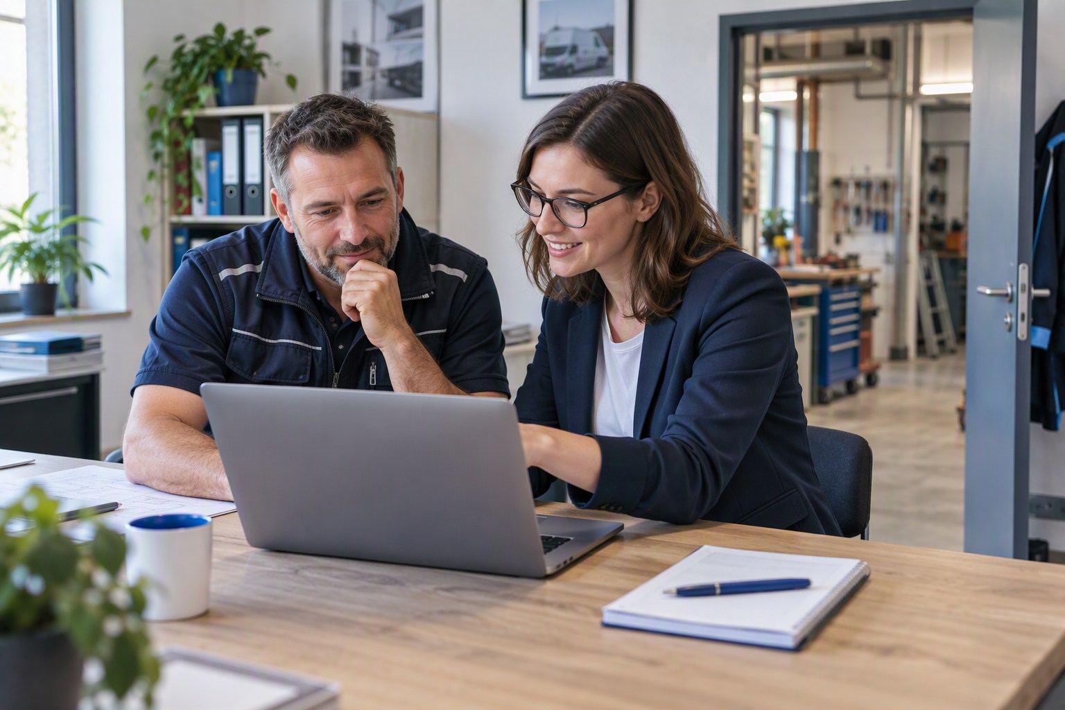 Gemeinsamer Blick auf digitale Arbeitsabl&auml;ufe in einem Handwerksb&uuml;ro