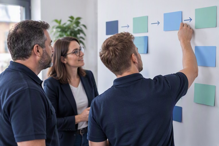 Ein Team ordnet Zust&auml;ndigkeiten und &Uuml;bergaben an einer Prozesswand